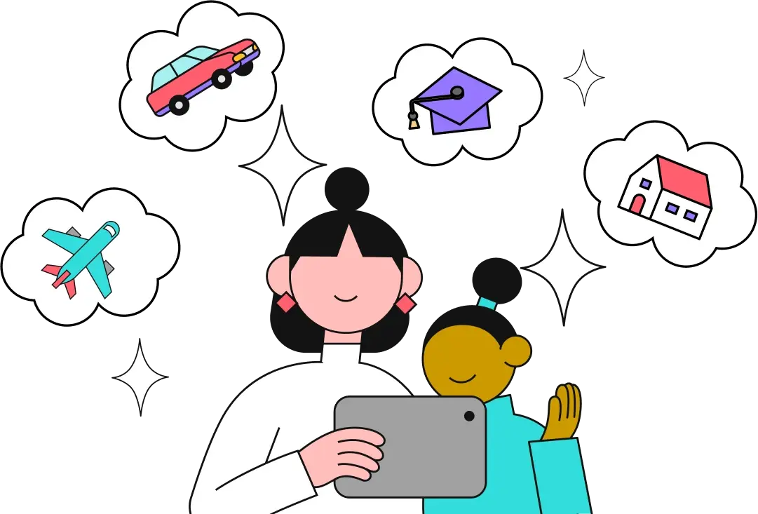 Parent and child looking at a tablet with illustrations of future goals